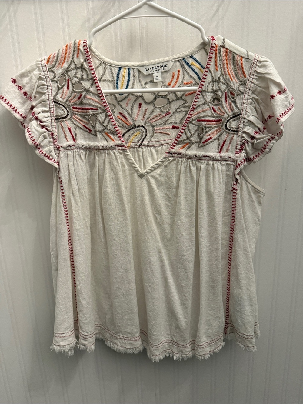 Liverpool Cream V-Neck Embroidered Flutter Sleeve Top